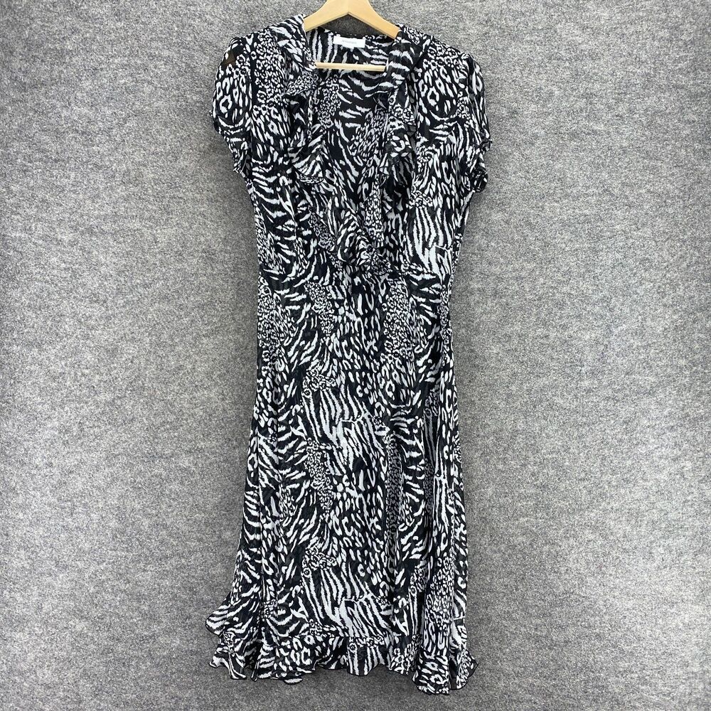 Dressbarn Dress Women 8 Black Animal Print Sheath Midi V-Neck Short Sleeve